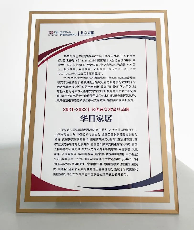 實力見證|華日家居榮獲2021-2022十大優選實木家具品牌！